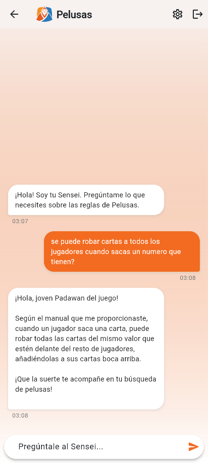 Chat con el asistente IA de Sensei Lúdico resolviendo una duda sobre las reglas de un juego de mesa.