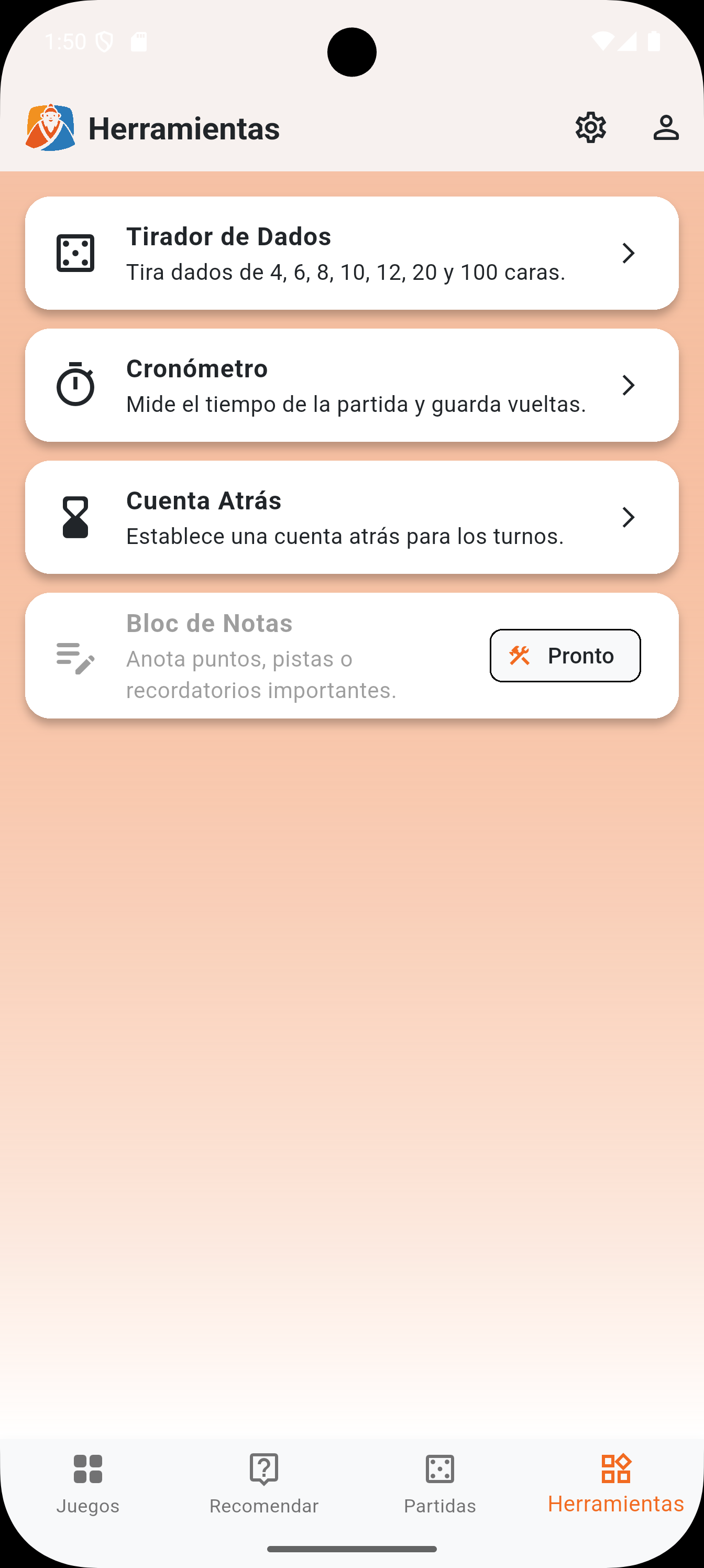 Herramientas de partida como el lanzador de dados y el cronómetro.