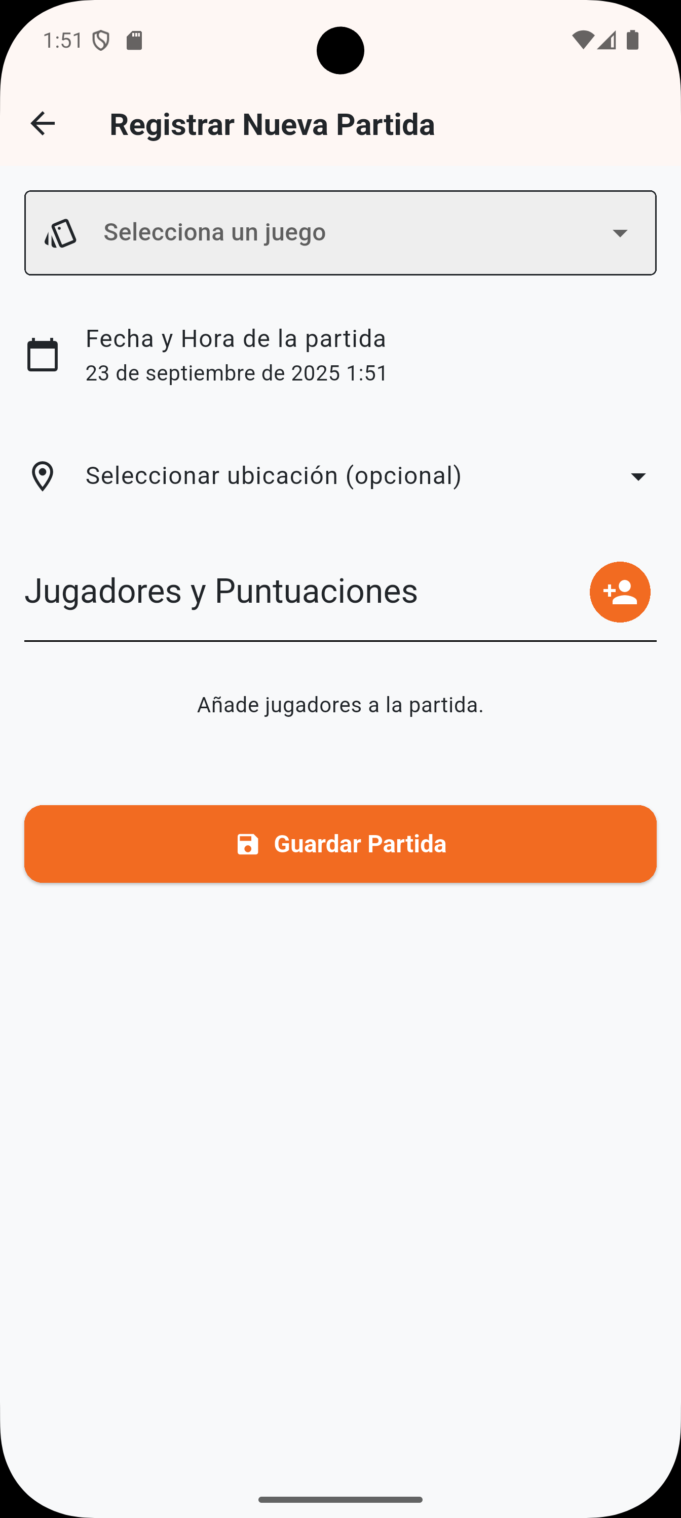 Pantalla de registro de partida en Sensei Lúdico.